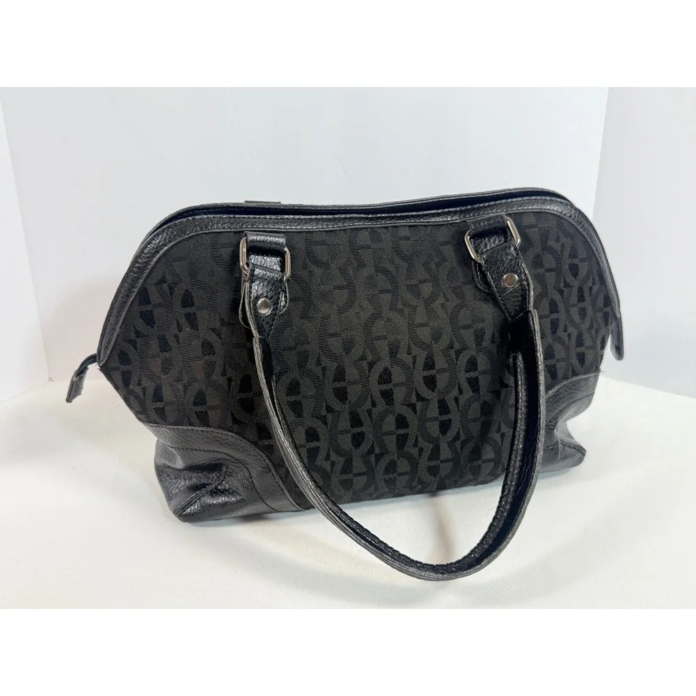 Etienne Aigner Black Signature Jacquard Leather Trim Dome Satchel Shoulder Bag